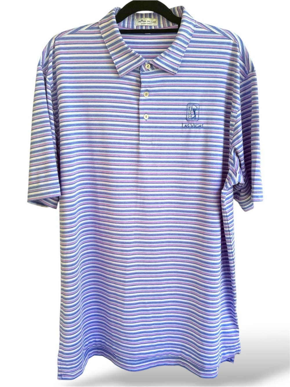 Peter Millar Summer Comfort TPC Las Vegas Golf Polo Shirt XL Stripe Purple Blue